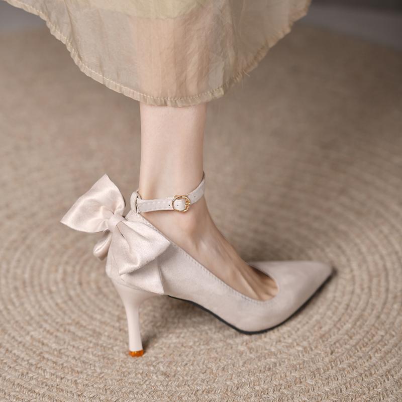 Fashion Women Pumps Bowknot Pointed Toe Stiletto Sexy 11cm Thin Ankle Strap High Heels Female Red Wedding Shoes Plus Size