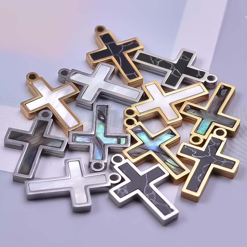 New Mixed Natural Shells Stainless Steel Cross Pendants For Jewelry Making Supplies Summer Charms In Bulk DIY Earrings Bracelets
