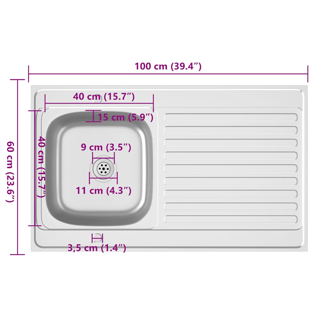 Sink with Drain Board Set Silver 1000 x 600 x 155 mm Stainless Steel