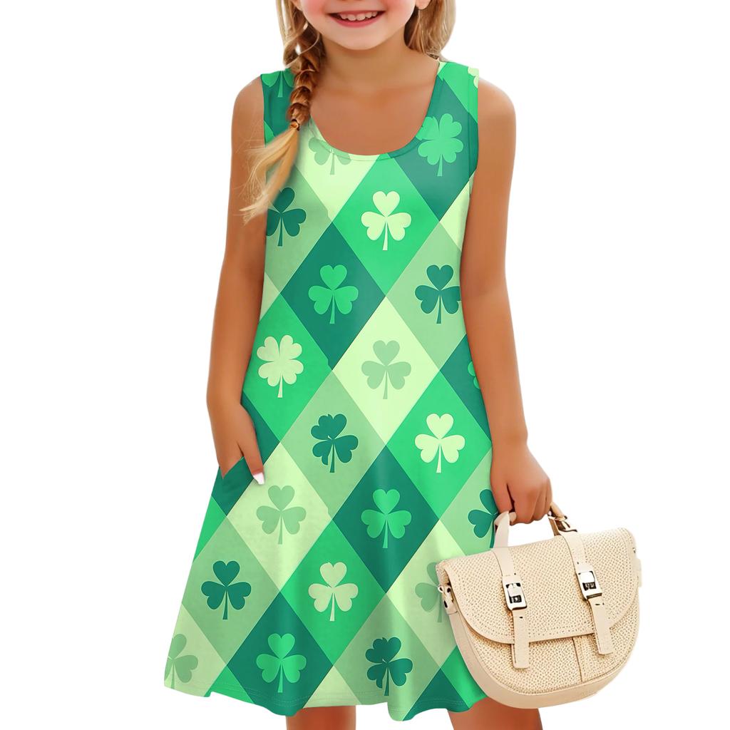 Children's Sleeveless U-neck A-line St. Parmesan Print Casual Vacation Dress