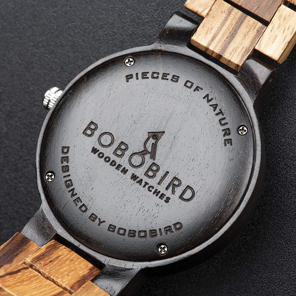 BOBO BIRD Men's Wood Watch, Analog Quartz Movement, Week Display, Lightweight, Handmade Wooden Watch for Men