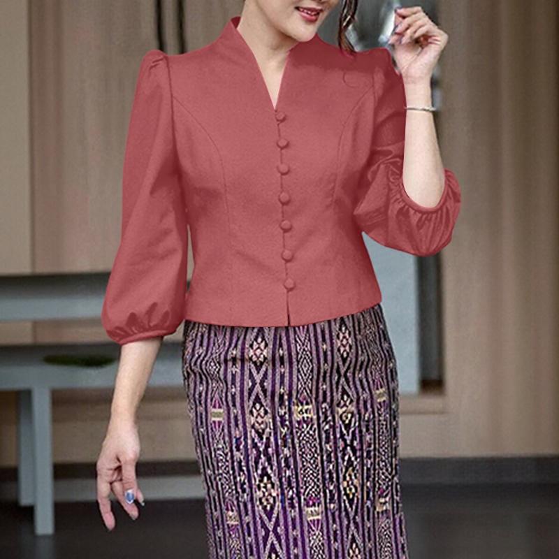 

ZANZEA Жіноча повсякденна блуза з V-подібним вирізом, однотонна, з рукавом 3/4 4XL камея рожевий колір