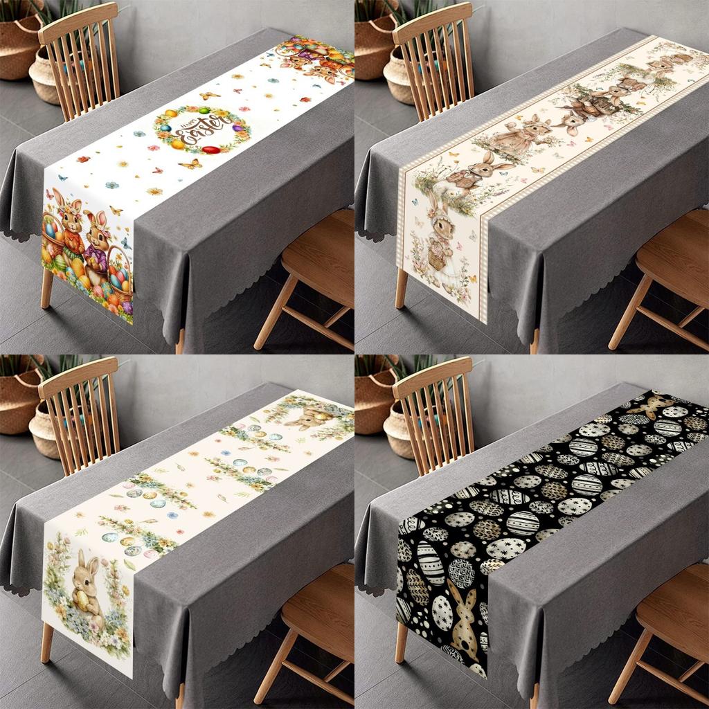Vintage Easter Bunny Table Runner Polyester Rabbit Eggs Flower Table Cover Easter Decoration For Home Kitchen Dining Table Decor