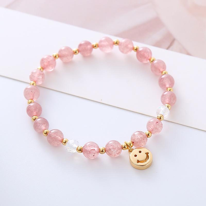 Natural Strawberry Crystal Bracelet Smiley Face Pendant Bangles Women Fashion Jewelry Accessories Gift