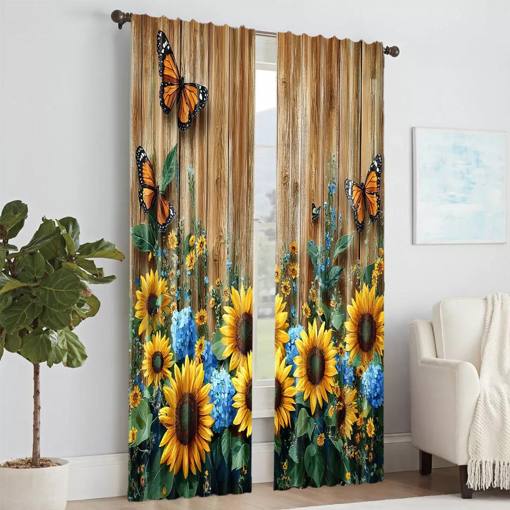 2 Pcs, Versatile Polyester Transparent Curtains for Home Decoration Rustic Sunflower for Use In Bedrooms and Living Rooms