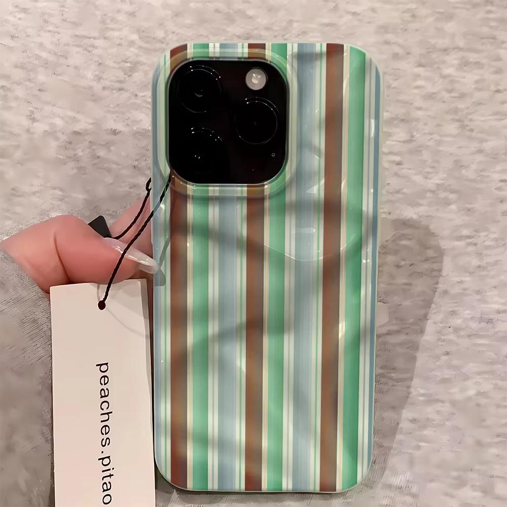 Luxurious Green Purple Stripes Phone Case For iPhone 17 14 15 Pro Max 13 12 11 16 15 Plus Air Concave Convex Silicone Soft Cover