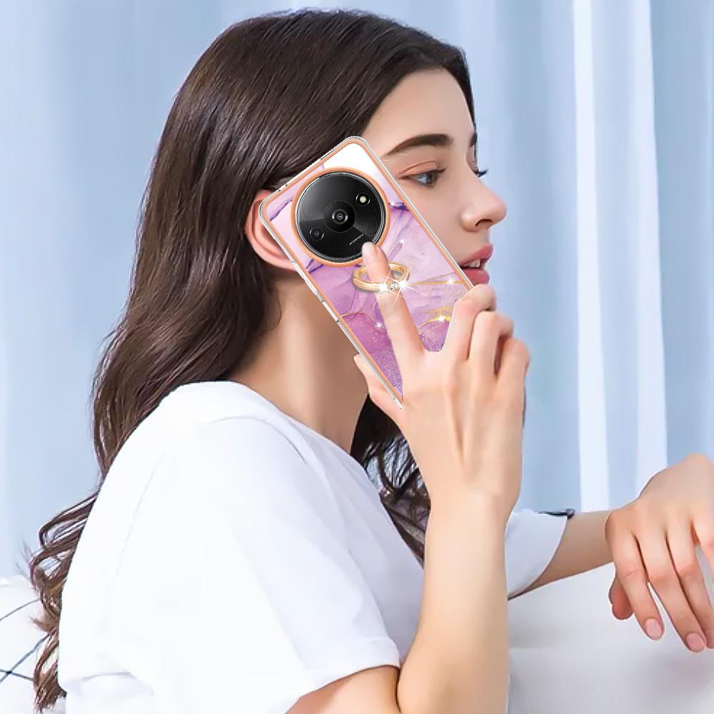 For Xiaomi Redmi A3/Poco C61 4G Case with Ring Kickstand Marble Pattern Electroplating TPU Back Cover