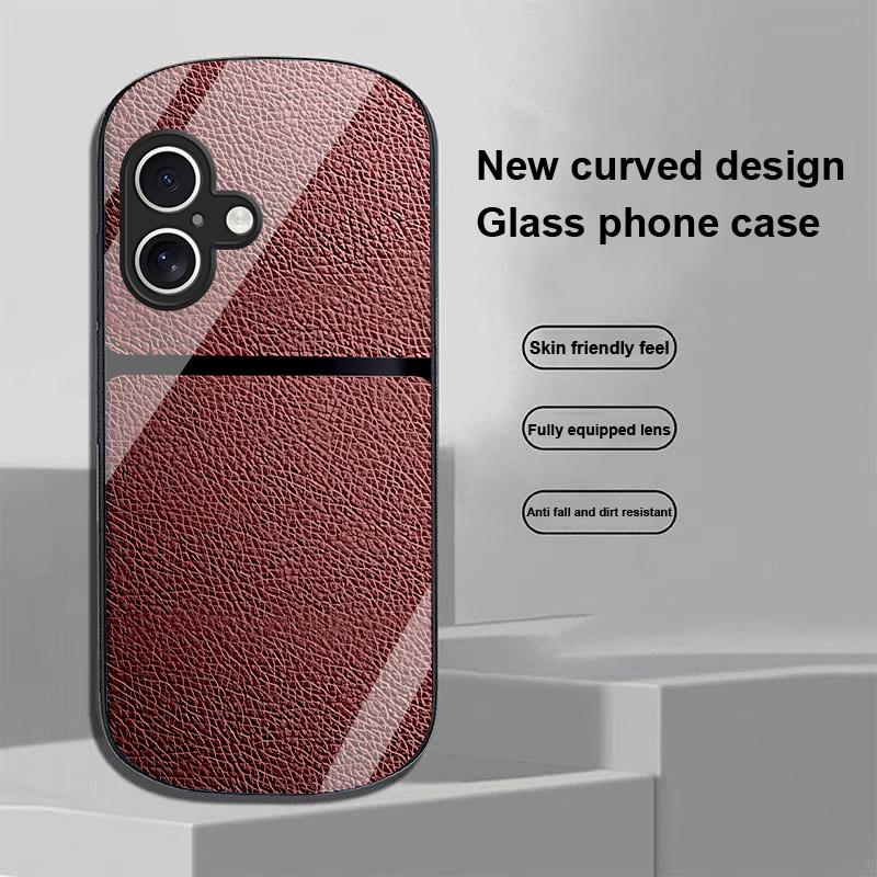 Red Leather Pattern For Apple IPhone 16 11 13 15 14 Pro Max 12 Mini 7 8 Plus XR XS Elliptical Shaped Tempered Glass Phone Case