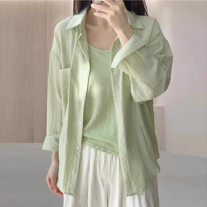 Women's Summer Blue Korean Long-Sleeve Sunshade Shirt - Loose, Casual, Lazy Style Top