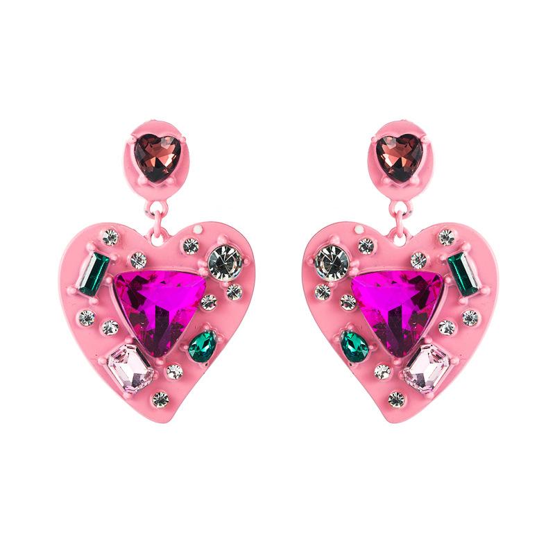 Women's Study Earrings Creative Exaggeration Alloy Spray Paint Rhinestone Inlaid Crysrtal Love Heart Temperament Earrings