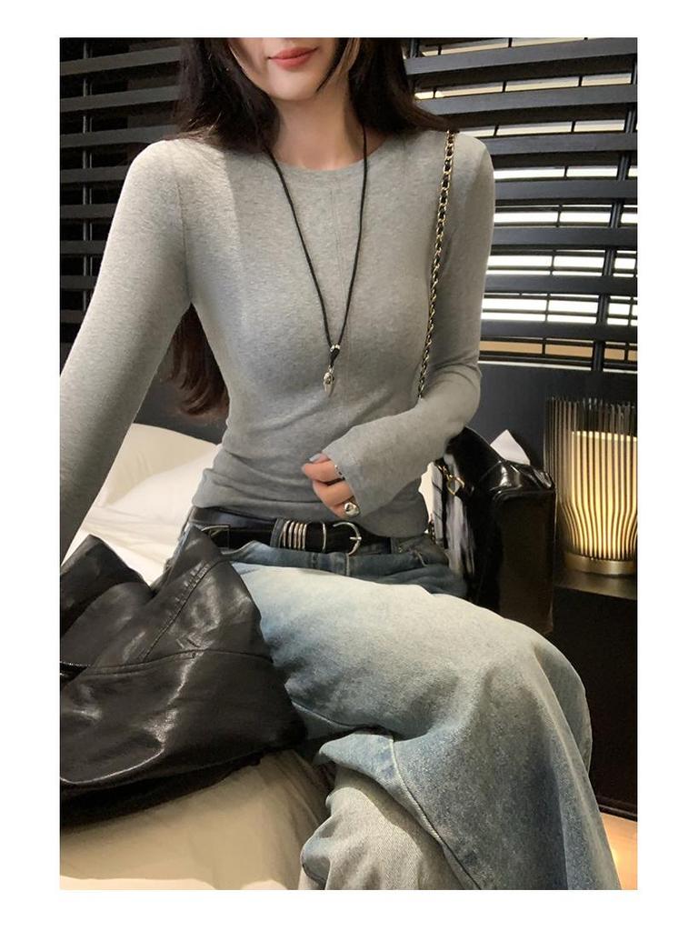 European Grey Slim Fit Round Neck Long Sleeve Women's T-shirt for Autumn/Winter 2025