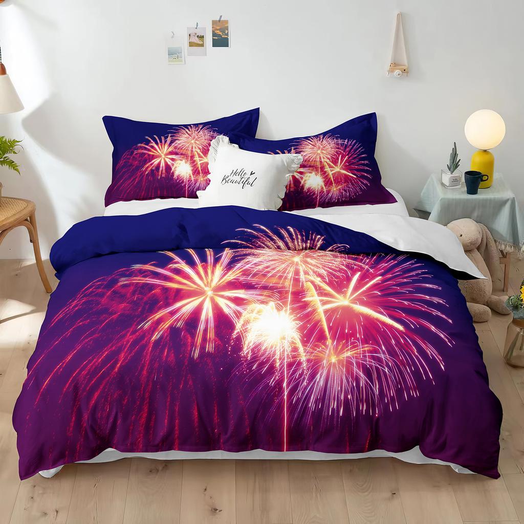 Blue Fireworks Duvet Cover Set 3D Romantic Theme Beautiful City Night New Year Festival Accessories for Kids Teens Bedroom Decor
