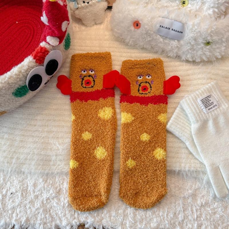 Coral fleece socks women's embroidery funny expression socks clown socks winter warm cute cartoon doll medium tube socks