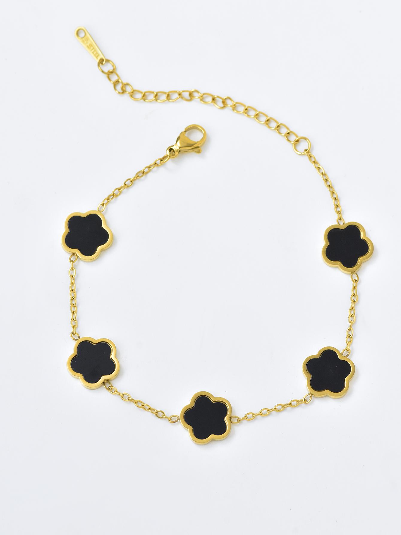 

1 штука Браслет из нержавеющей стали с покрытием из 18-каратного золота «Счастливая пентаграмма-цветок» для женщин, модный циркон чёрный