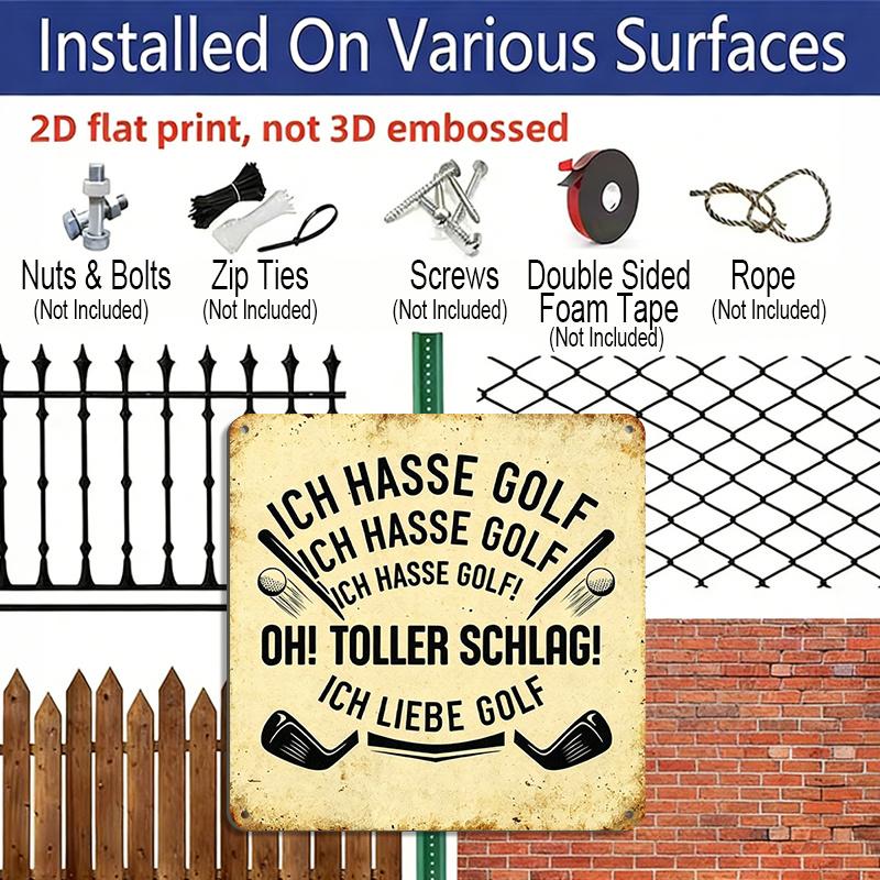 2D Flat - 1pc Vintage German Golf Quote Aluminum Plaque, "Ich Hasse Golf... Oh Toller Schlag! Ich Liebe Golf" Funny Golf Lettering Sign, Retro