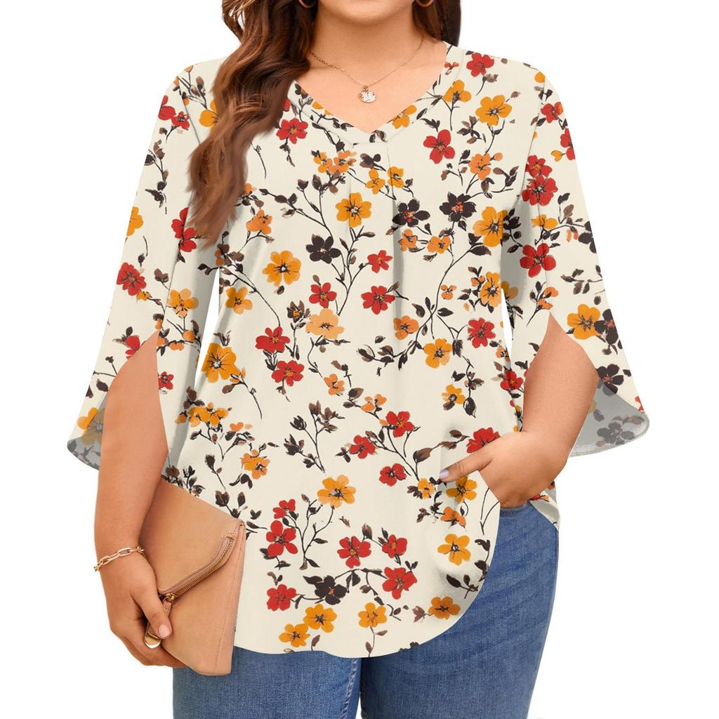Women's Prined V-neck Plus Size Tops 3/4 Sleeves Elegant Shirt Tops