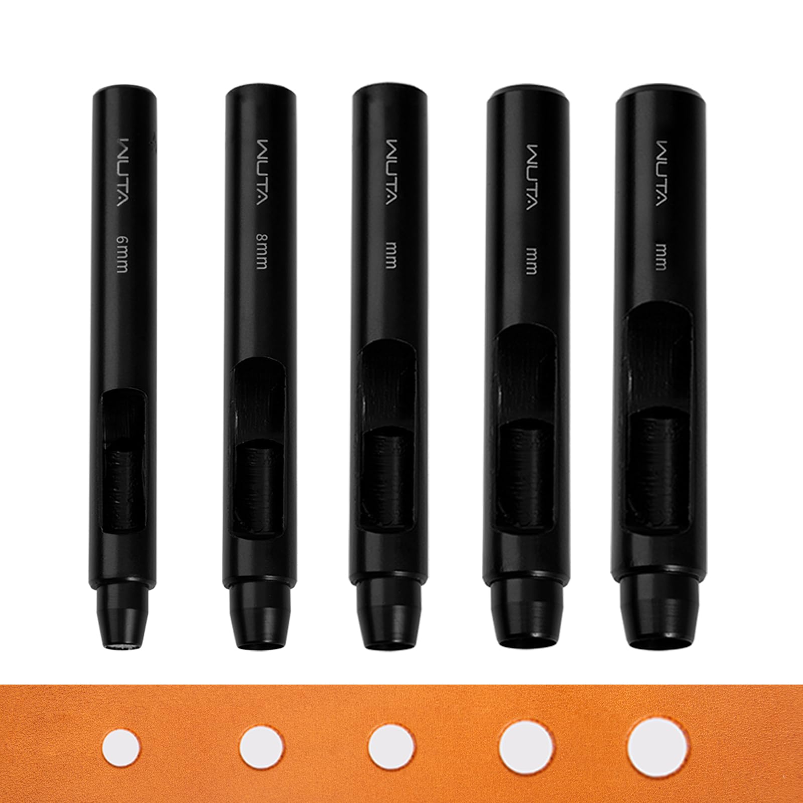 WUTA Black Round Leather Hole Punch Set, 6, 8, 10, 12, and 15mm (5 Sizes) for Belts and Other DIY Needlework