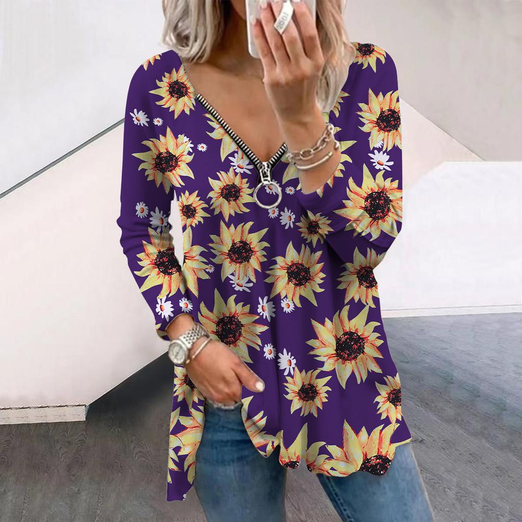 Damen Herbst T-Shirt mit Blumenmuster, Lila, Sonnenblumen-Print, Langarm, V-Ausschnitt, Übergröße, T-Shirt, Tops, bequeme Bluse