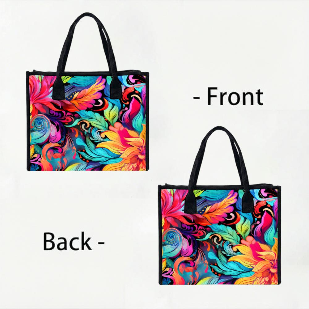 Colorful Floral Print Casual Tote Bag Portable Daily Use Lightweight Reusable Fashion Carryall Handbag