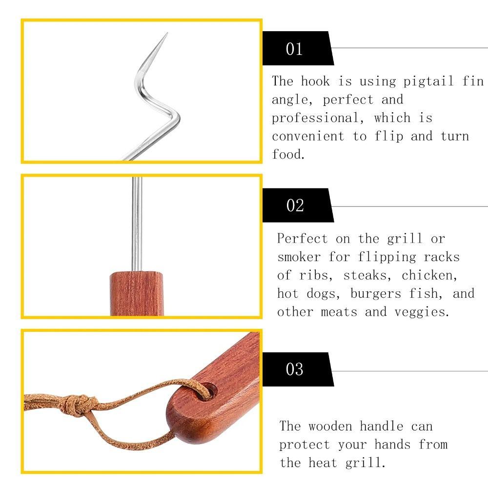 Wooden Handle BBQ Meat Flipper Hook Heavy Duty Grilling Cooking Flipper  Home Cookout