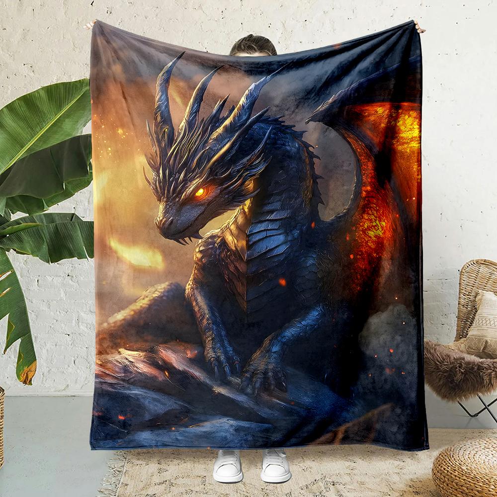 Fiery dragon perched on rocks Print Blanket Warm Soft Fluffy Kids and Adult Sofa Bed Throw Blanket Outdoor Travel Camping RV