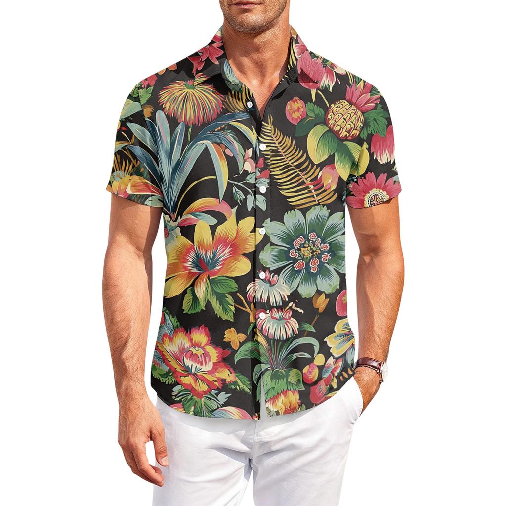 Men's Casual, Loose-Fit Short-Sleeve Shirt With Hawaiian Print