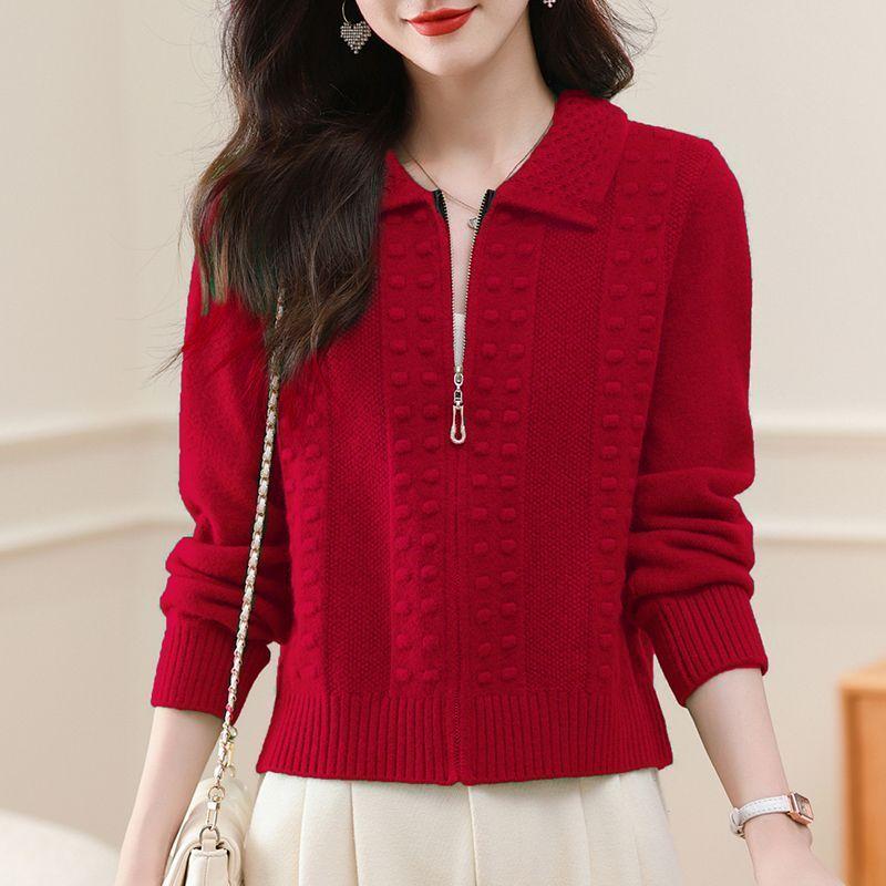 Höst- och Vinter Dam Dragkedja Stickad Kofta Dam Ny Tröja Toppar Moderiktigt Ytterplagg Revers Mode Tröjjacka