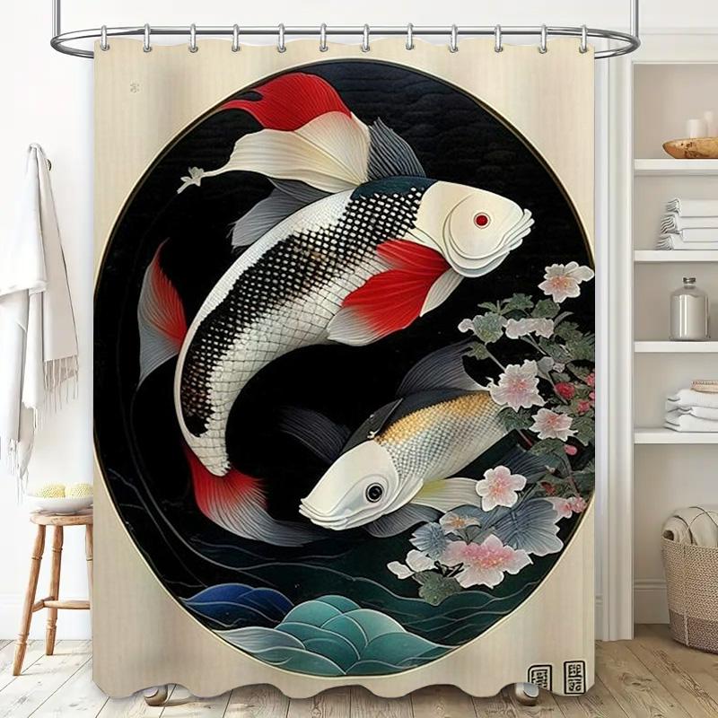Decorative Fish Pond Shower Curtain with Black White Red Colorful Koi Print for Bathroom Home Decor Waterproof Fabric 72x84 Inch