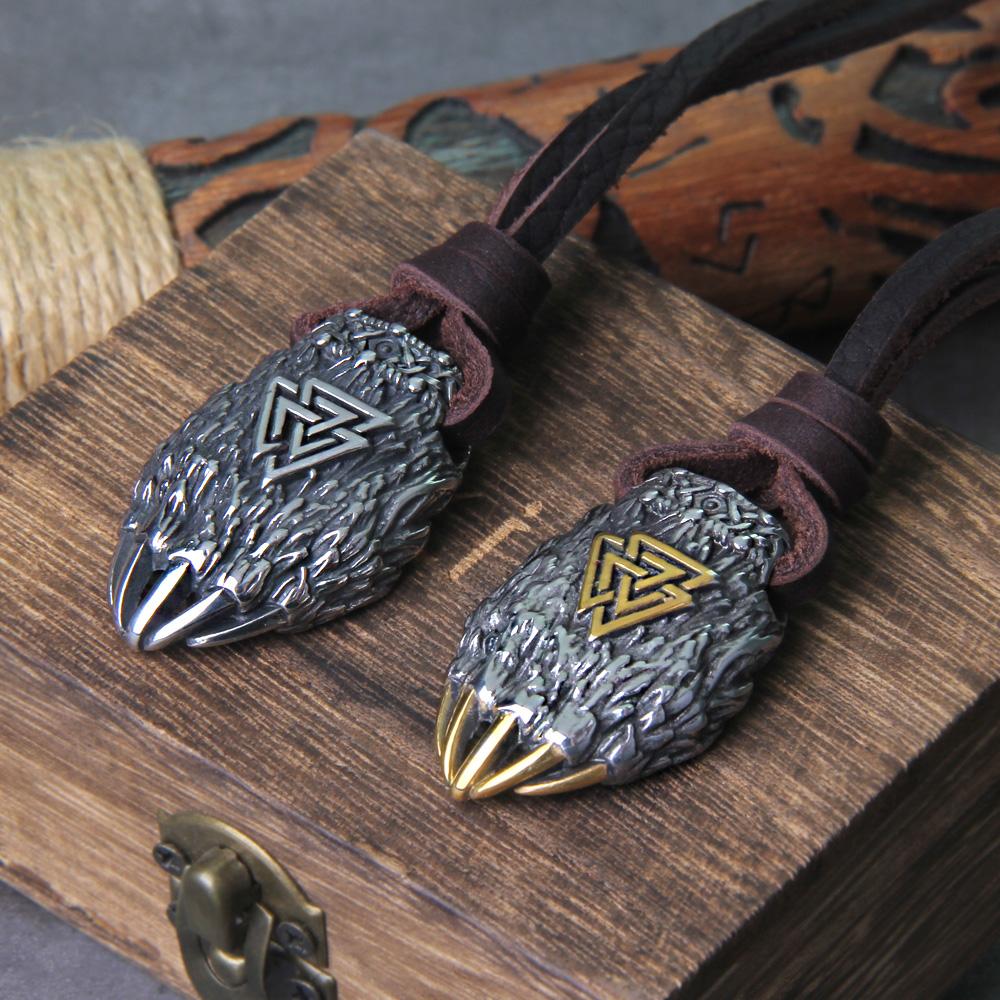Nordic Viking Bear Claw Valknut Necklace Stainless Steel Pendant with Wooden Box Mens Gift Vintage Jewelry