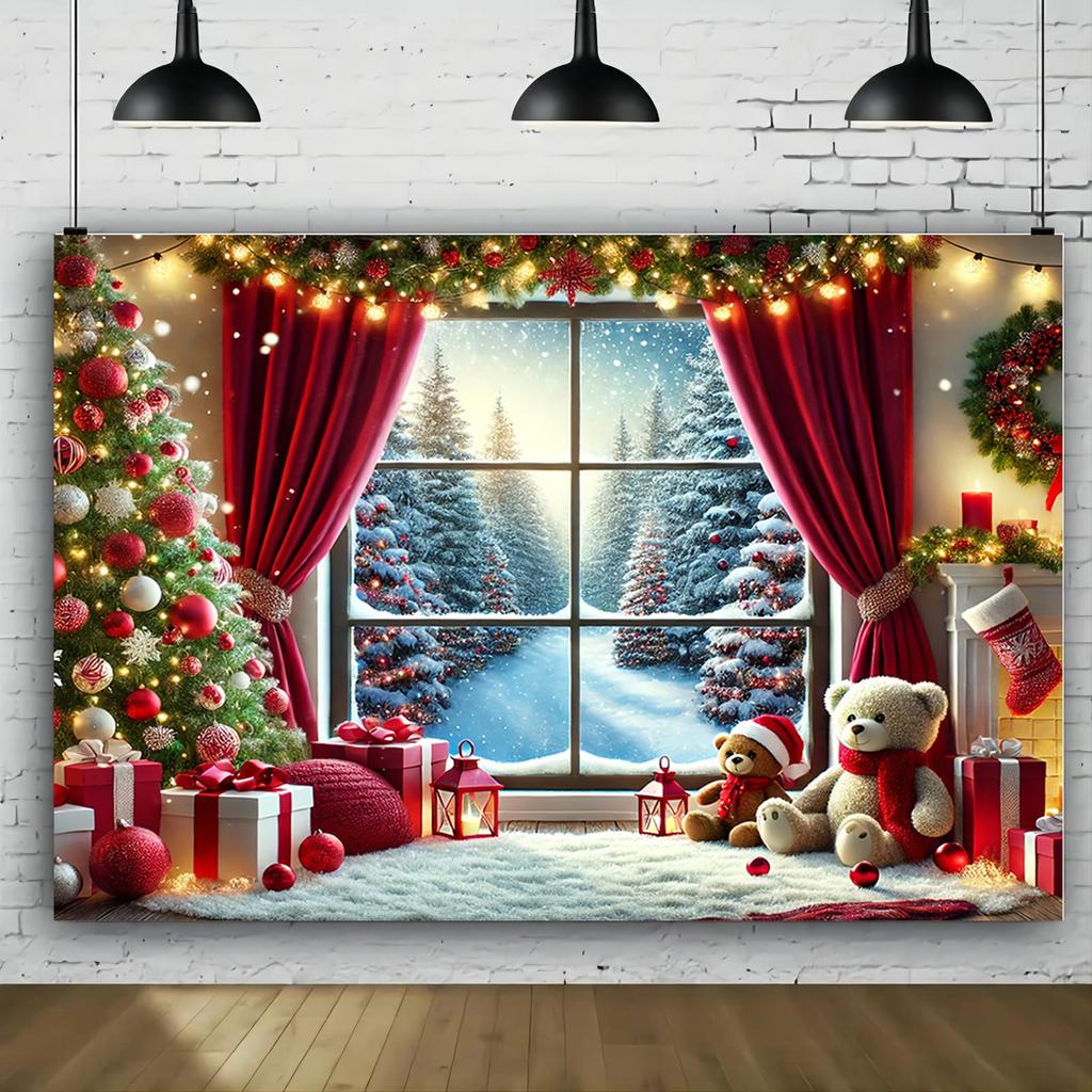 1pcs Winter Wonderland Christmas Background Cloth Featuring Trees Gifts and Snowflakes Suitable for Halloween