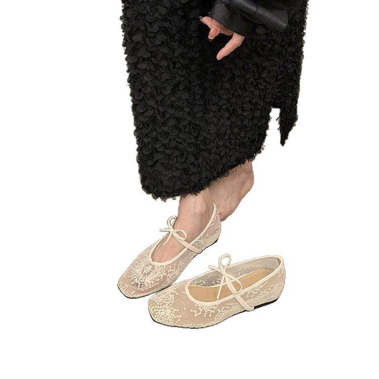 Mary Jane Shoes 2025 Single Shoes Women's Shoes Mesh Fairy Shallow Mouth Inner Height Increase Spring Breathable Bow New