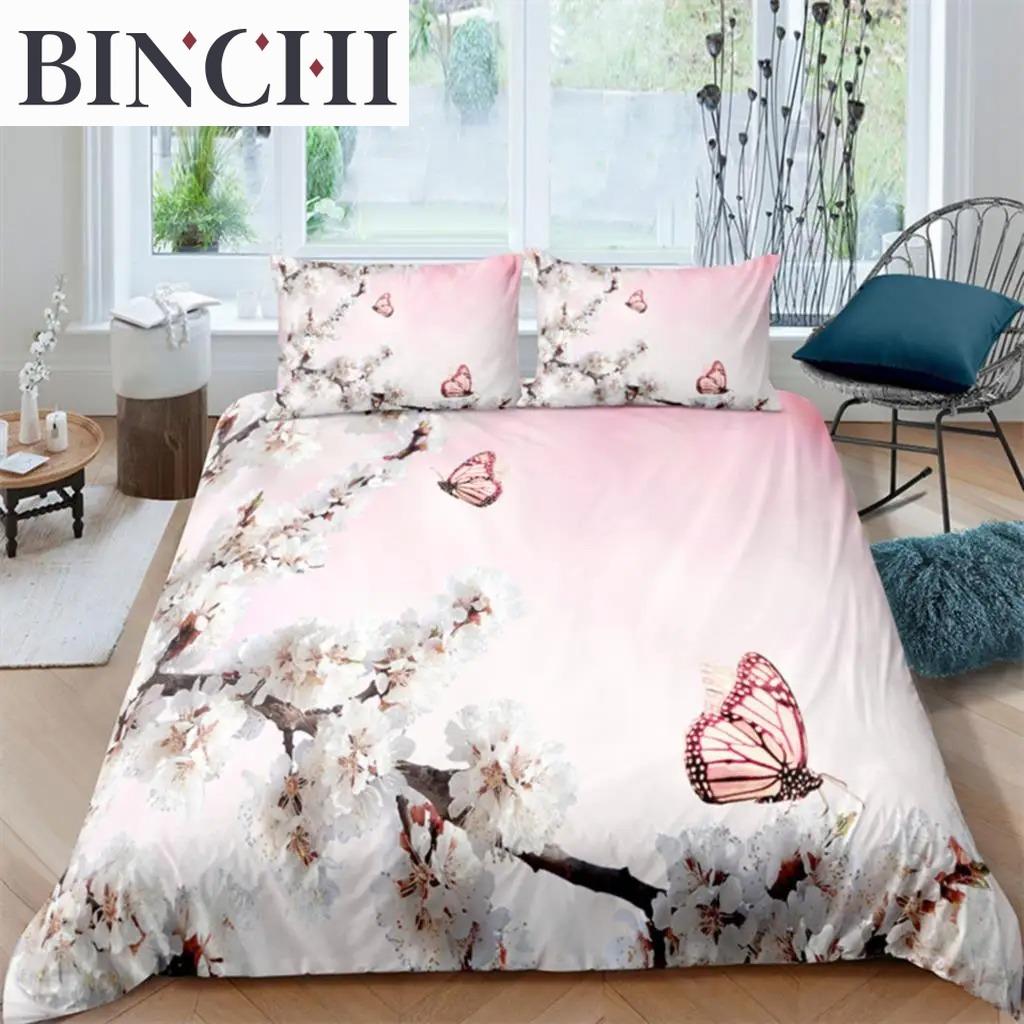 Erik Çiçeği Nevresim Takımı King Pembe Çiçekli Kız Çocuklar İçin Mikrofiber Dallı Baskılı Yatak Örtüsü Takımı