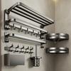 Towel Rack Foldable Wall Mounted Space Aluminum Towel Rail with Hooks Black Matte Finish Durable Rust-Resistant Bathroom Storage Rack