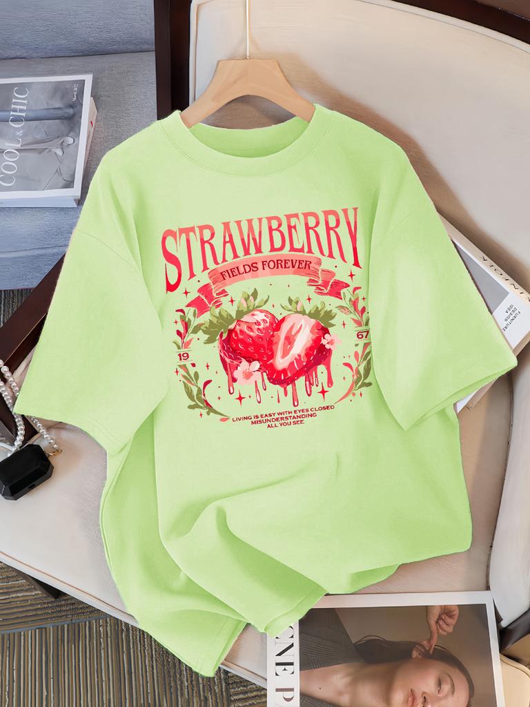 Strawberry Fields Forever Print T-Shirts Damen Atmungsaktives Baumwoll-T-Shirt Hip Hop Locker Streetwear All-Match Freizeitkleidung
