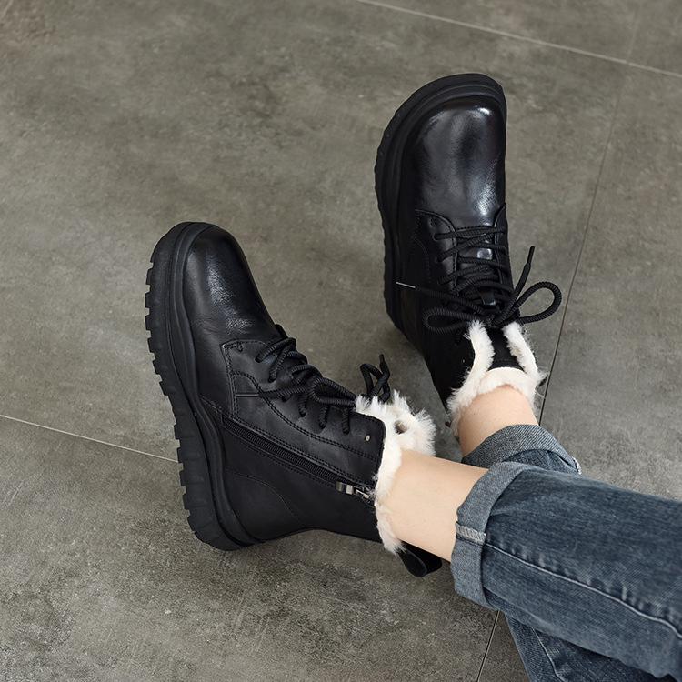 Johnature Thick Sole Wool Boots Thickened Warm Cotton Boots Genuine Leather Retro Women Short Boots