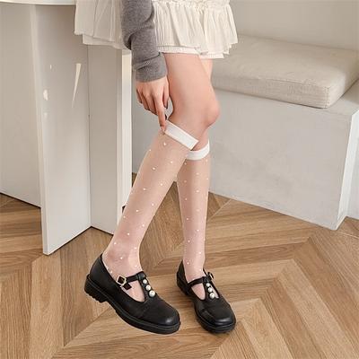 White Polka Dot Card Stockings for Children's Summer Anti-snagging Long, Thin Black Girls' Charming Calf Stockings