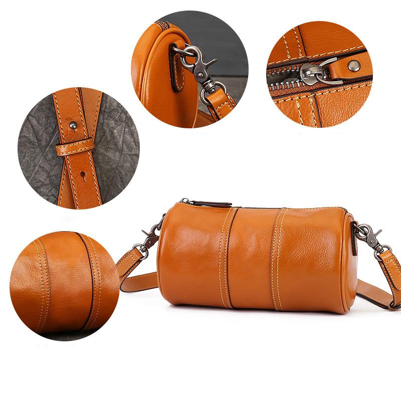 Single Shoulder Bag Fashionable Retro Large Capacity Cylindrical Bag Genuine Leather One Shoulder Crossbody Bag
