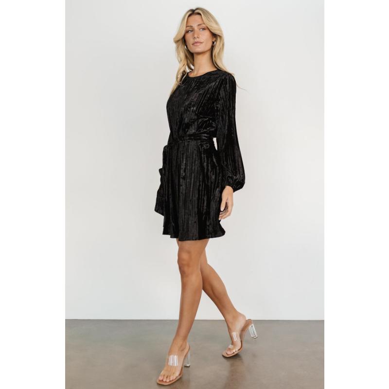 Crushed Velvet Long Sleeve Mini Dress Round Neck Tie Waist Loose Fit Pleated Short Dress for Fall Winter Office Party Casual Evening
