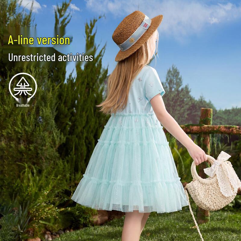 ASK JUNIOR Girls' Short-Sleeve Mesh Patchwork Princess Dress