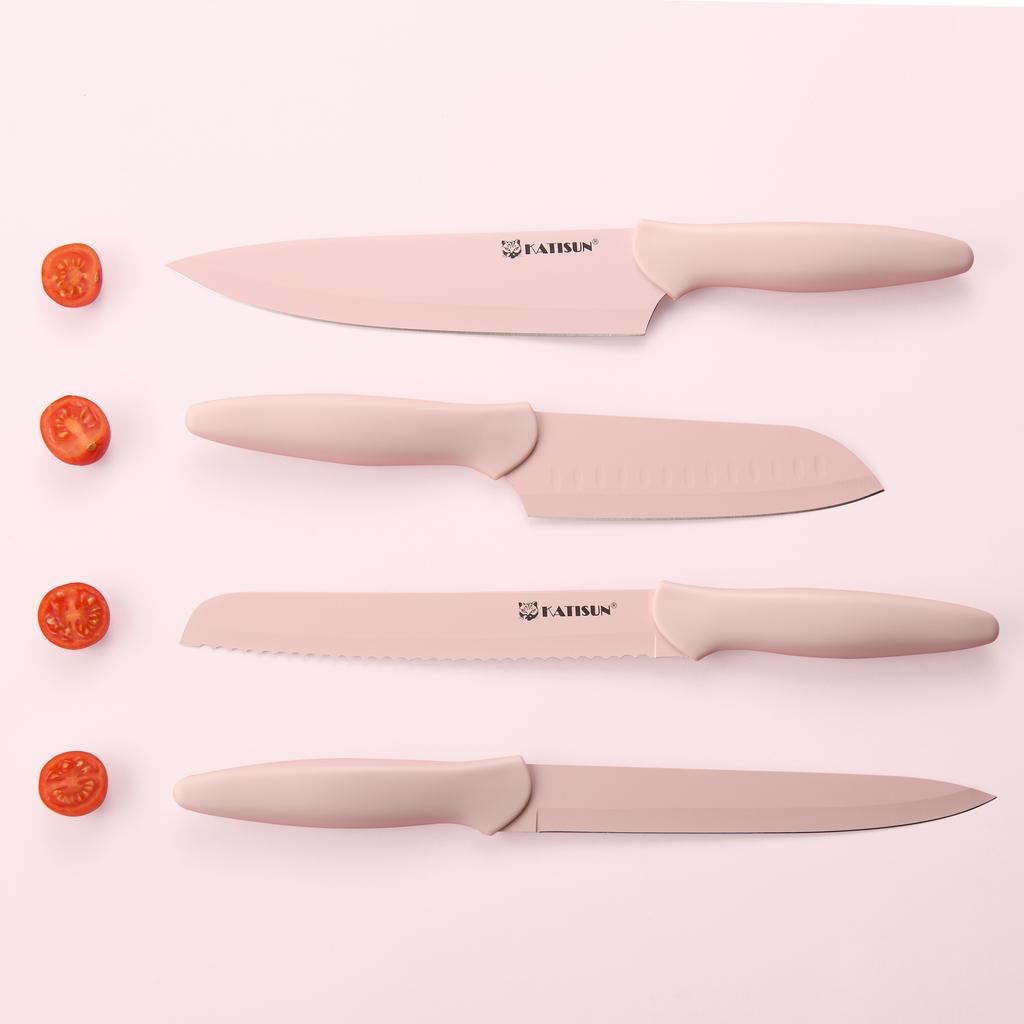 7 Pieces Pink Coding Carbon Steel Kitchen Knife Set with with Scissors and Sheaths