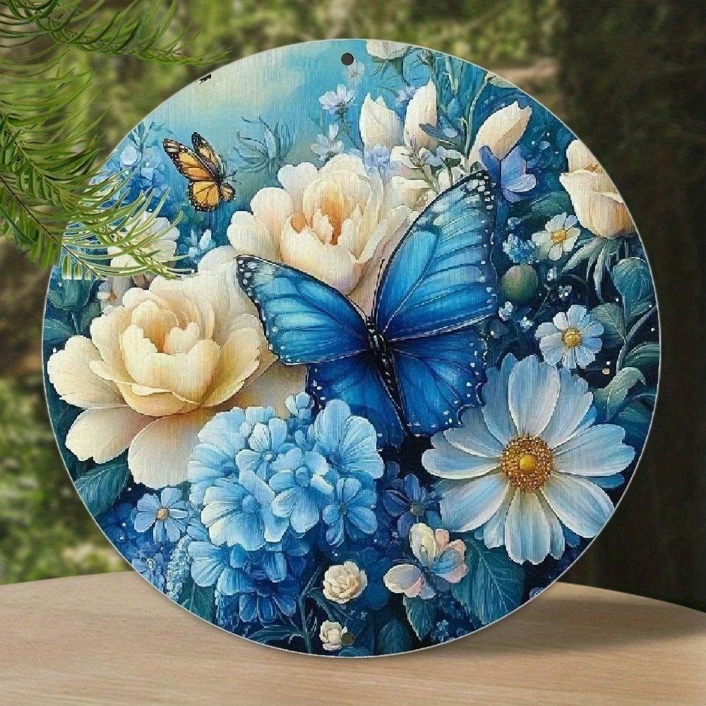 Vintage Floral Round Tin Sign 8x12 Inch, Retro Blue White Metal Plaque for Home Bar Wall Decor