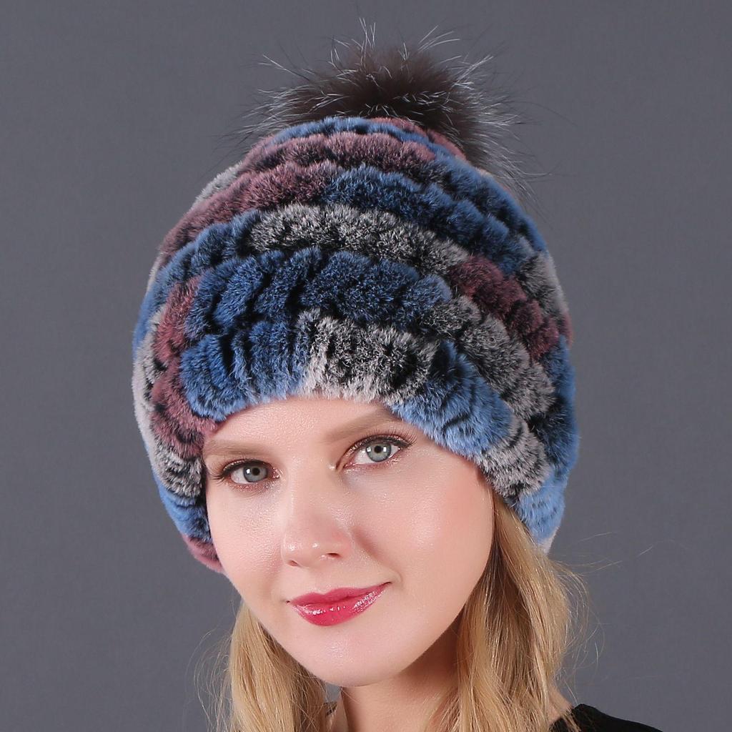 Women's Fur Hat with Rex Rabbit and Fox Fur Pompon for Autumn and Winter