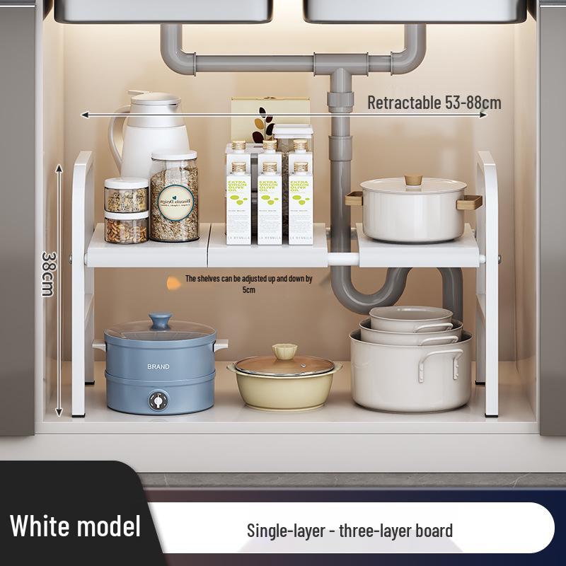 Rozšiřitelný kuchyňský úložný regál: Podumyvadlová police na organizér na nádobí