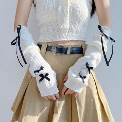Y2K Mode Armstulpen Schleife Weiche Strickhandschuhe Damen Mädchen Halbfinger Fäustlinge Einfarbig Verdicken Armstulpen
