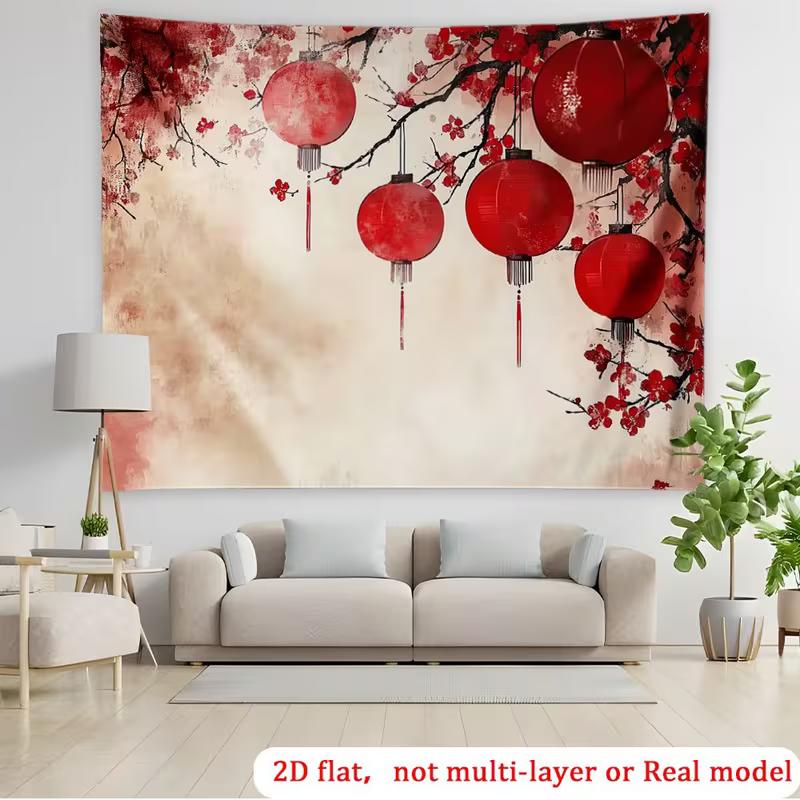 2D Watercolor Style Red Lantern Plum Blossom Tapestry Backdrop for Home