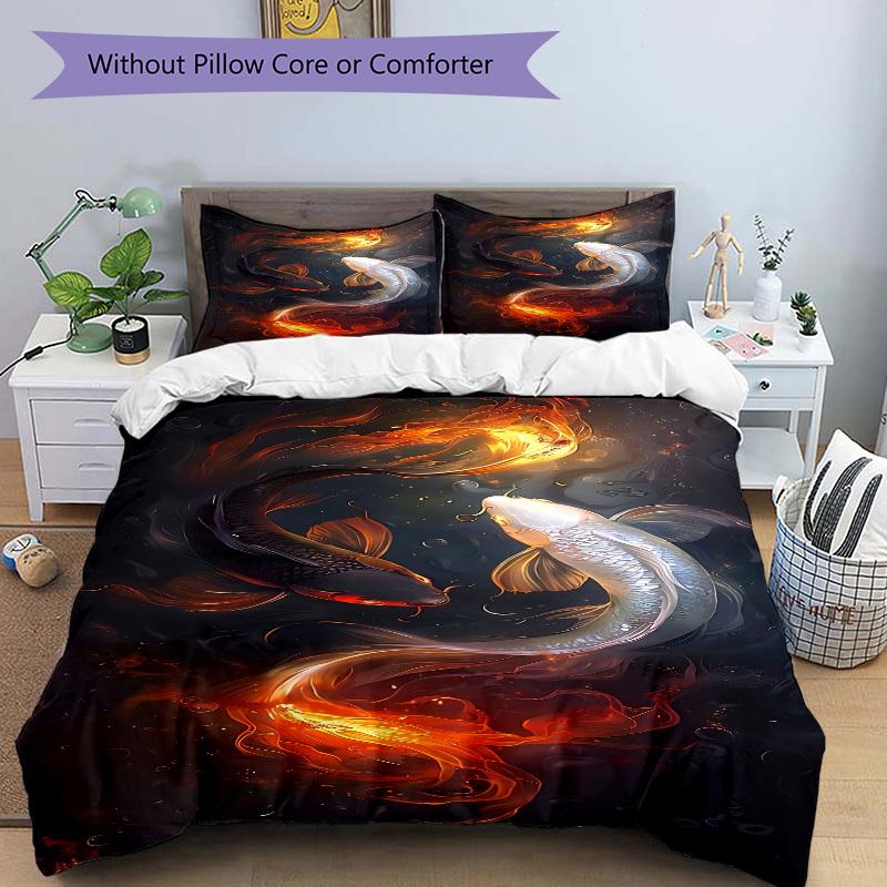3PCs Koi Fish Yin Yang Design Cover Set, Breathable Fabric(1 Duvet Cover + 2 Pillowcases) (Without Quilt) yy250911185