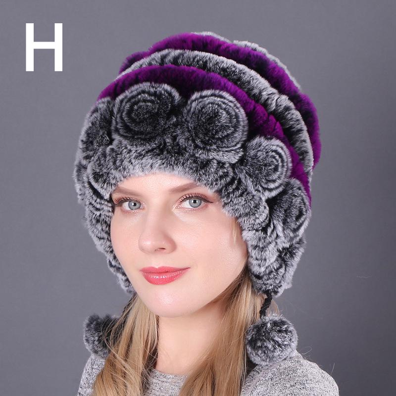 1PCS Fashion Rex Rabbit Fur Hat Fur Ball Beanies Earmuffs Hat Warm Caps Autumn and Winter Women's Comfortable