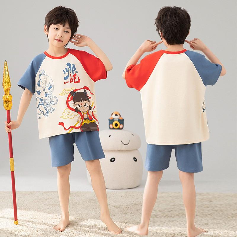 Boys Cotton Pajama Set Short Sleeve Cartoon Print Lightweight Sleepwear Kids 8 Years Home Wear