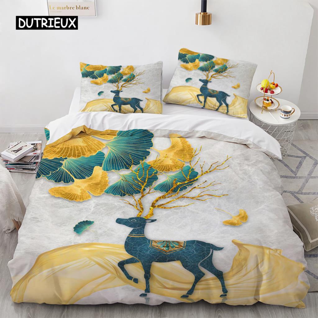 Funda Nórdica de Alce de Dibujos Animados Tamaño King Queen Patrón de Ciervo Dorado Juego de Cama para Adolescentes Adultos Funda de Edredón de Ciervo Salvaje con Funda de Almohada