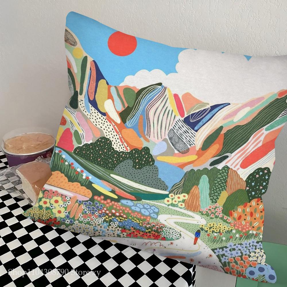 Mountain Landscape Abstract Mountain Art Pillow Case Square Pillow Bedroom Sofa Leisure Comfort Car Living Room Home Decoration